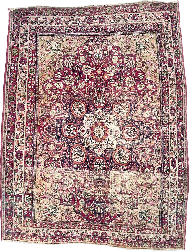 OLD-WORLD Antique Persian Kermanshah Rug | Unique Squarish Size with Super Fine Details | Sage Green, Pink, Copper, Wine | 4.3 x 5.7