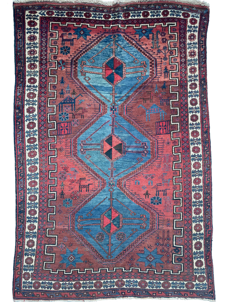 RESERVED FOR SAVANNAH*** UNICORN Vintage Shiraz Rug | Village Life Woven Throughout | Clay, Ice Blue, Charcoal | 4.6 x 6.9