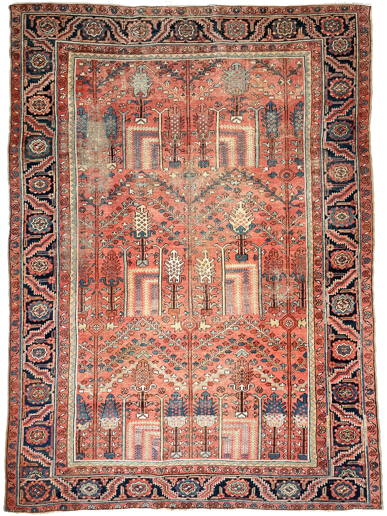 RESERVED FOR BROOKLYN CLIENT RARE Collector's Willow Tree of Life Antique Persian Heriz Northwest Village Rug, C. 1915 | Salmon & Coral with Ice Blues and Teals | 9.5 x 12